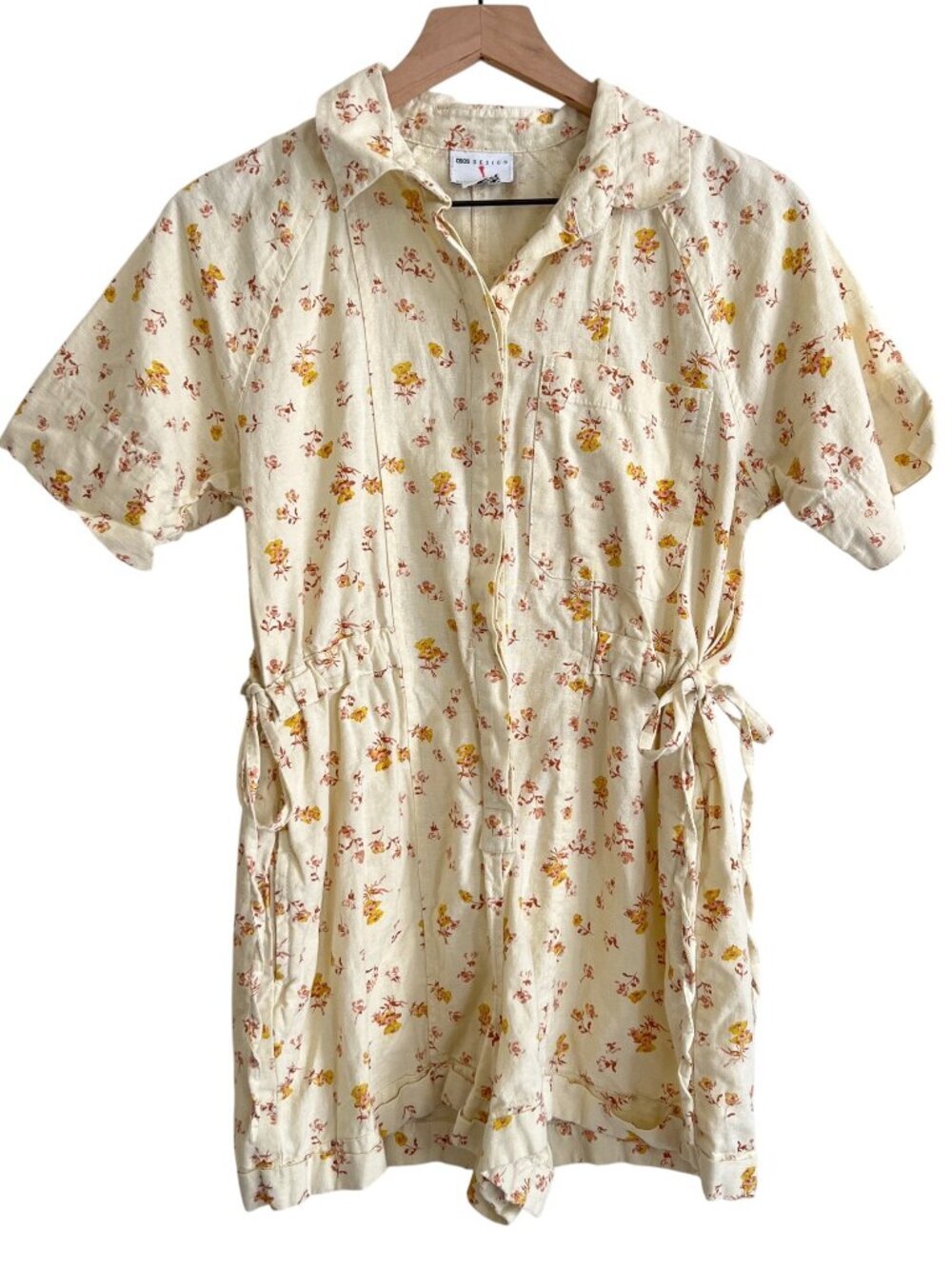 ASOS Design Yellow Floral Printed Short Sleeve Tie Waist Romper
